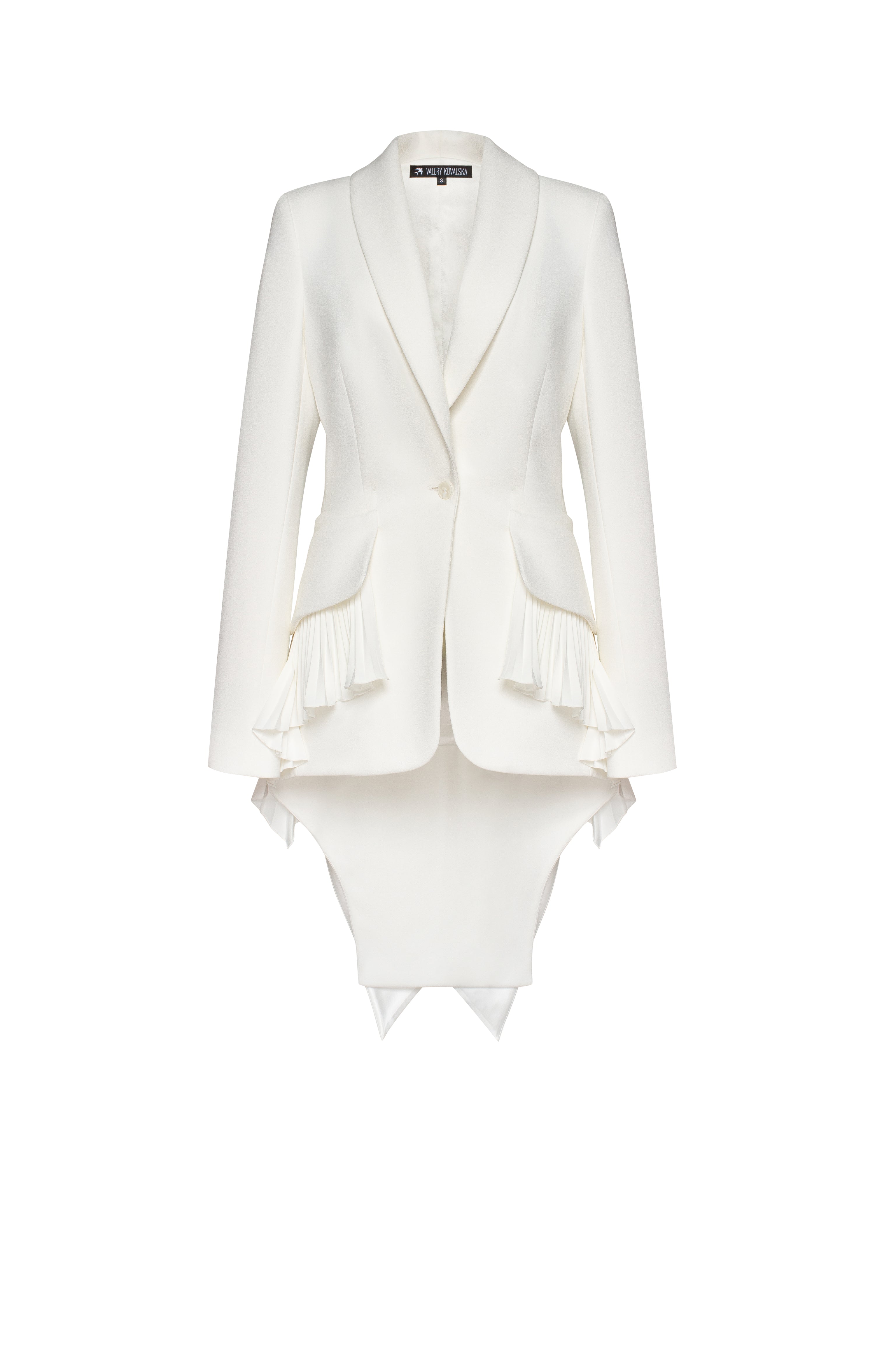 Tuxedo jacket with long back and pleated ruffles