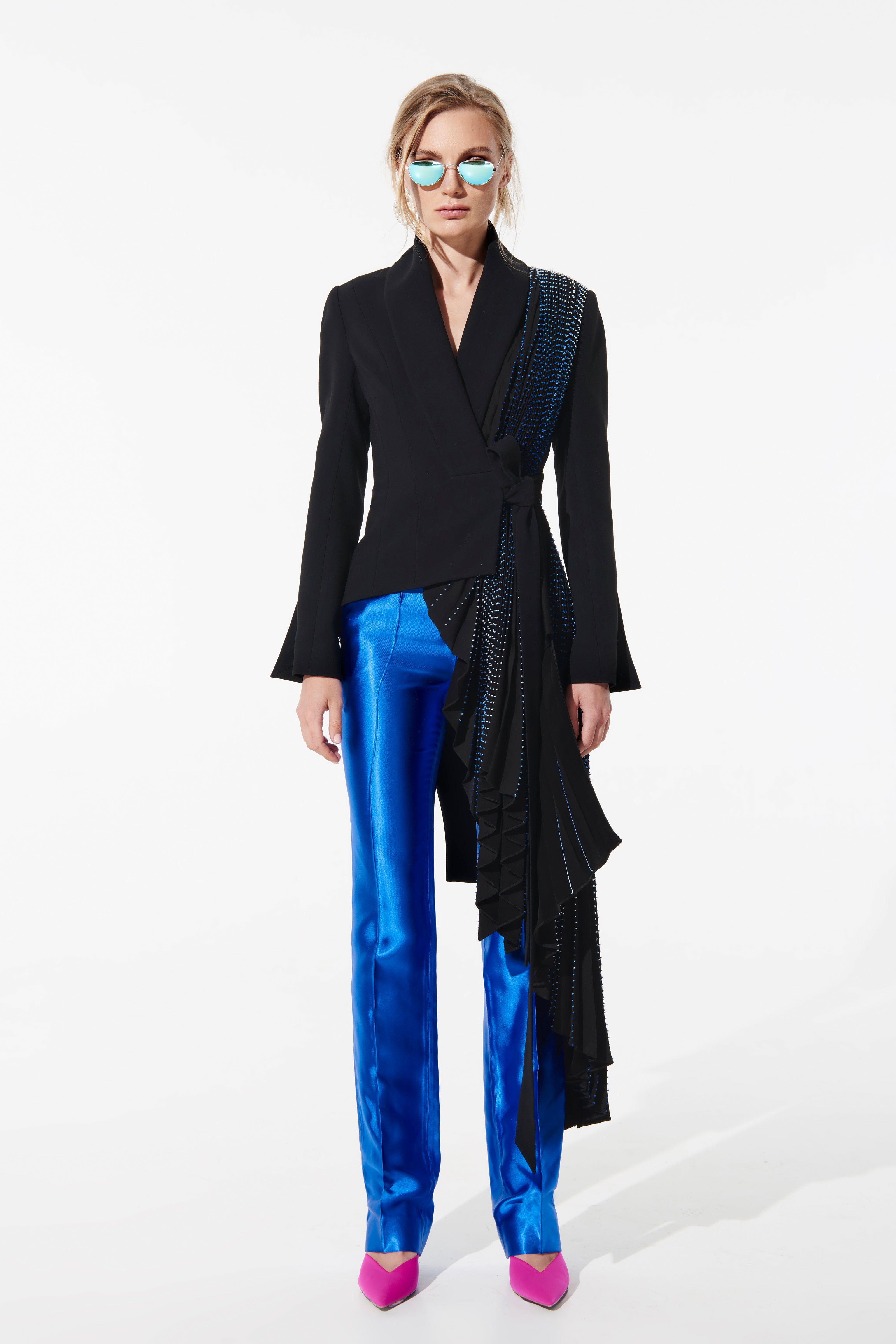 Signature tuxedo jacket with soft gradient embroidered pleats