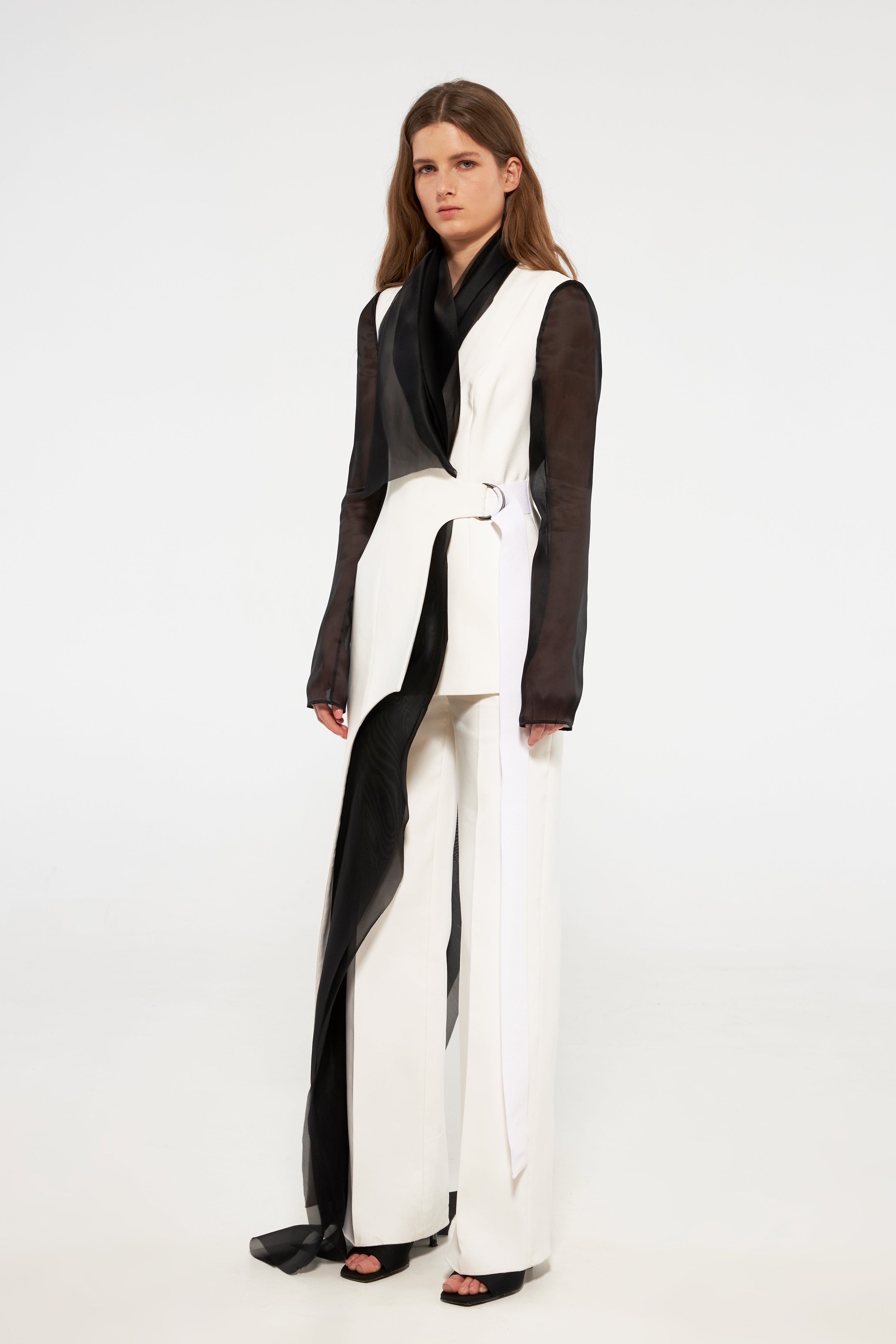 Contrast tuxedo jacket with organza layers