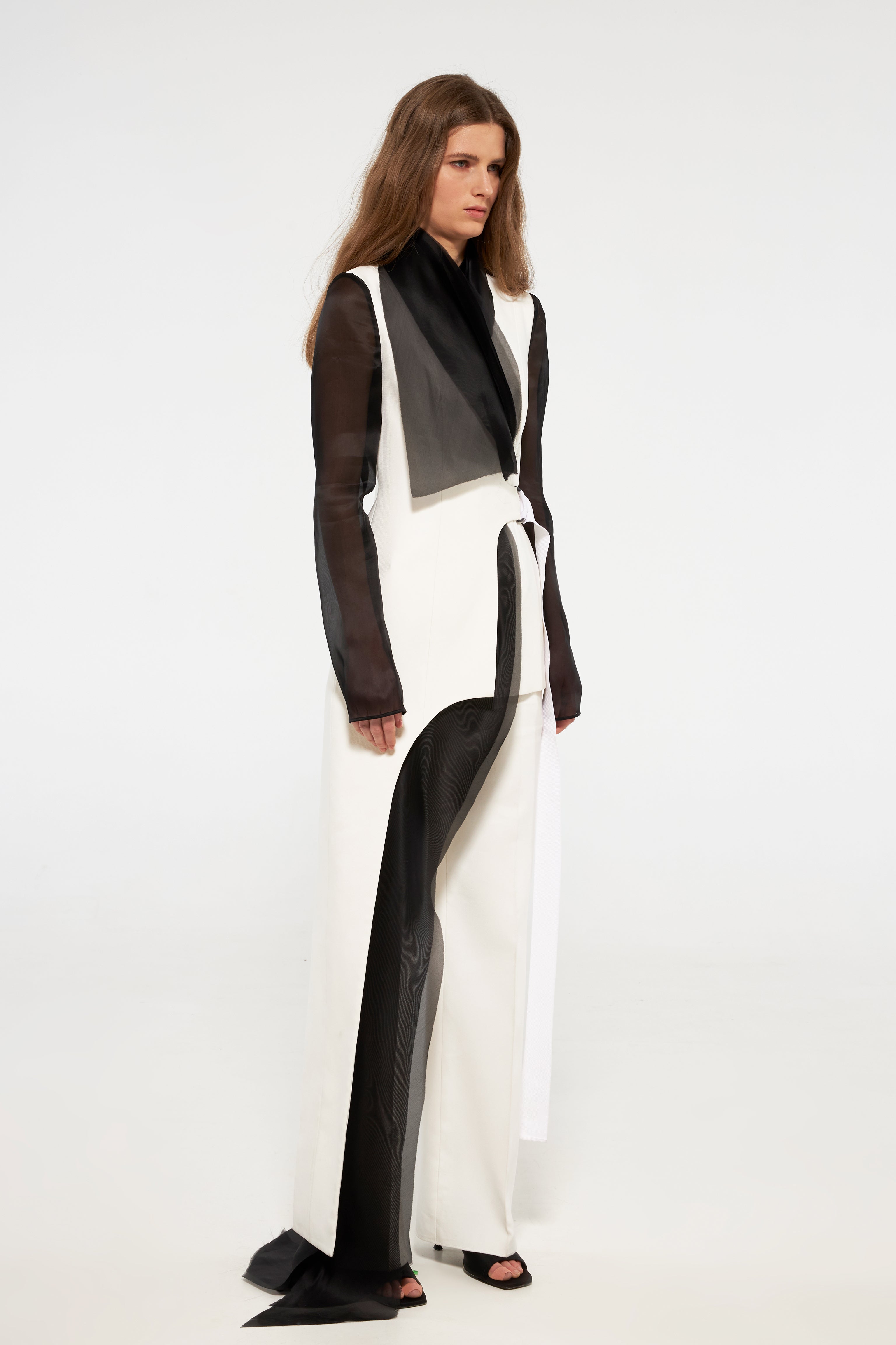 Contrast tuxedo jacket with organza layers